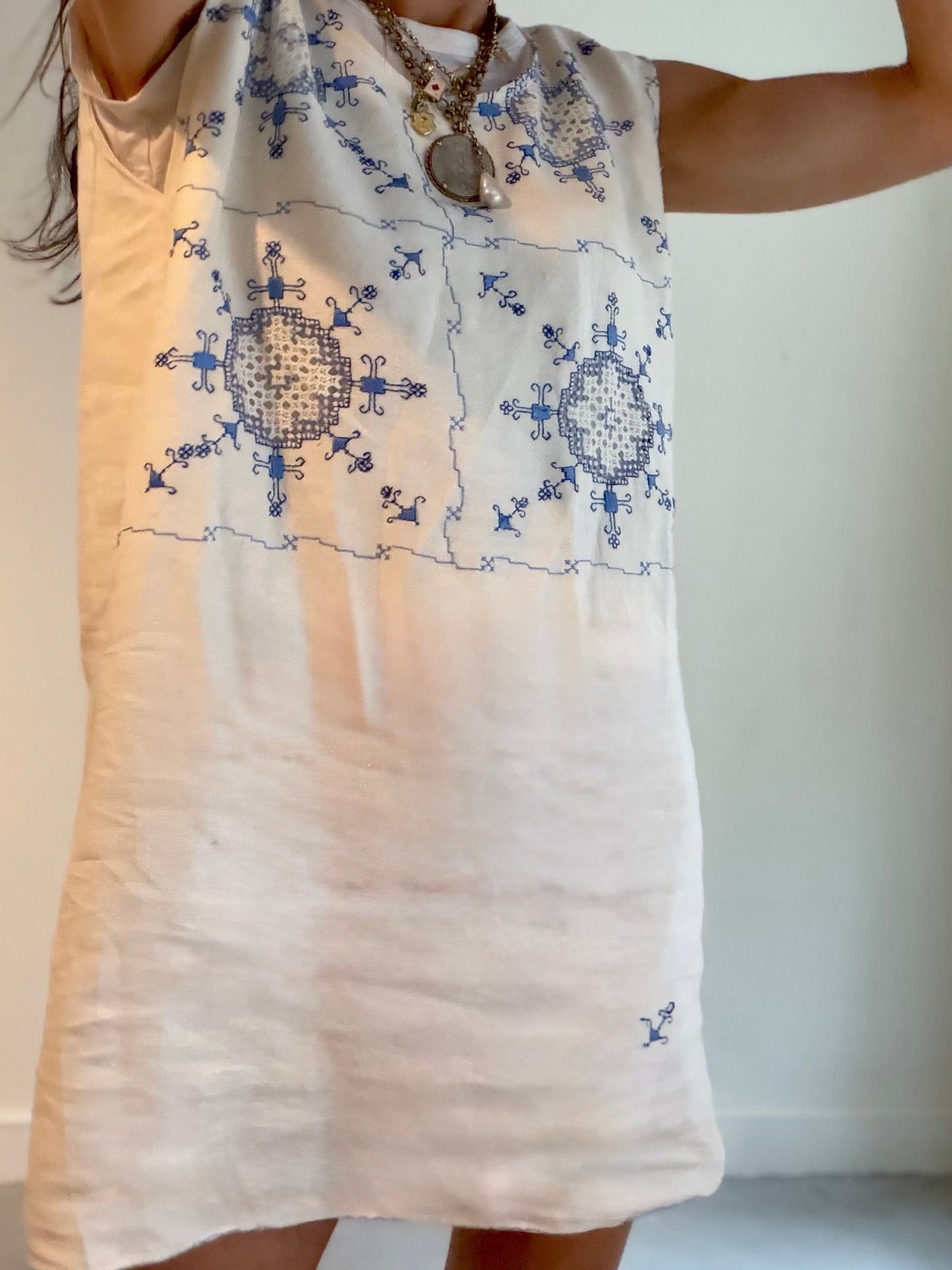 Blue Embroidered Mini Dress