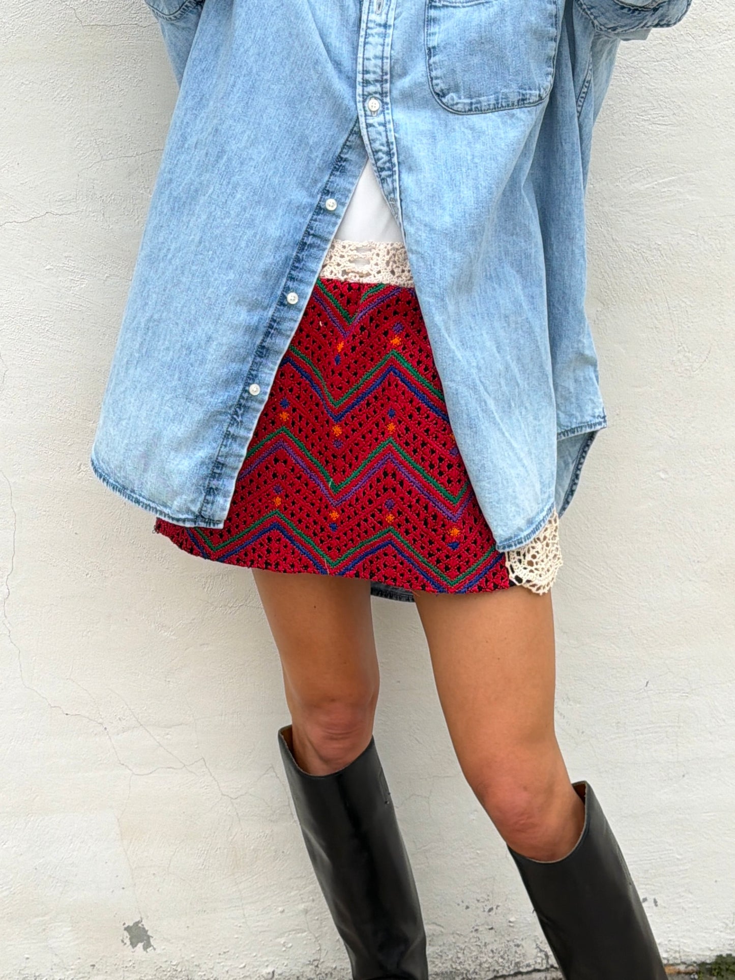 Woven Textile and Crochet Mini Skirt