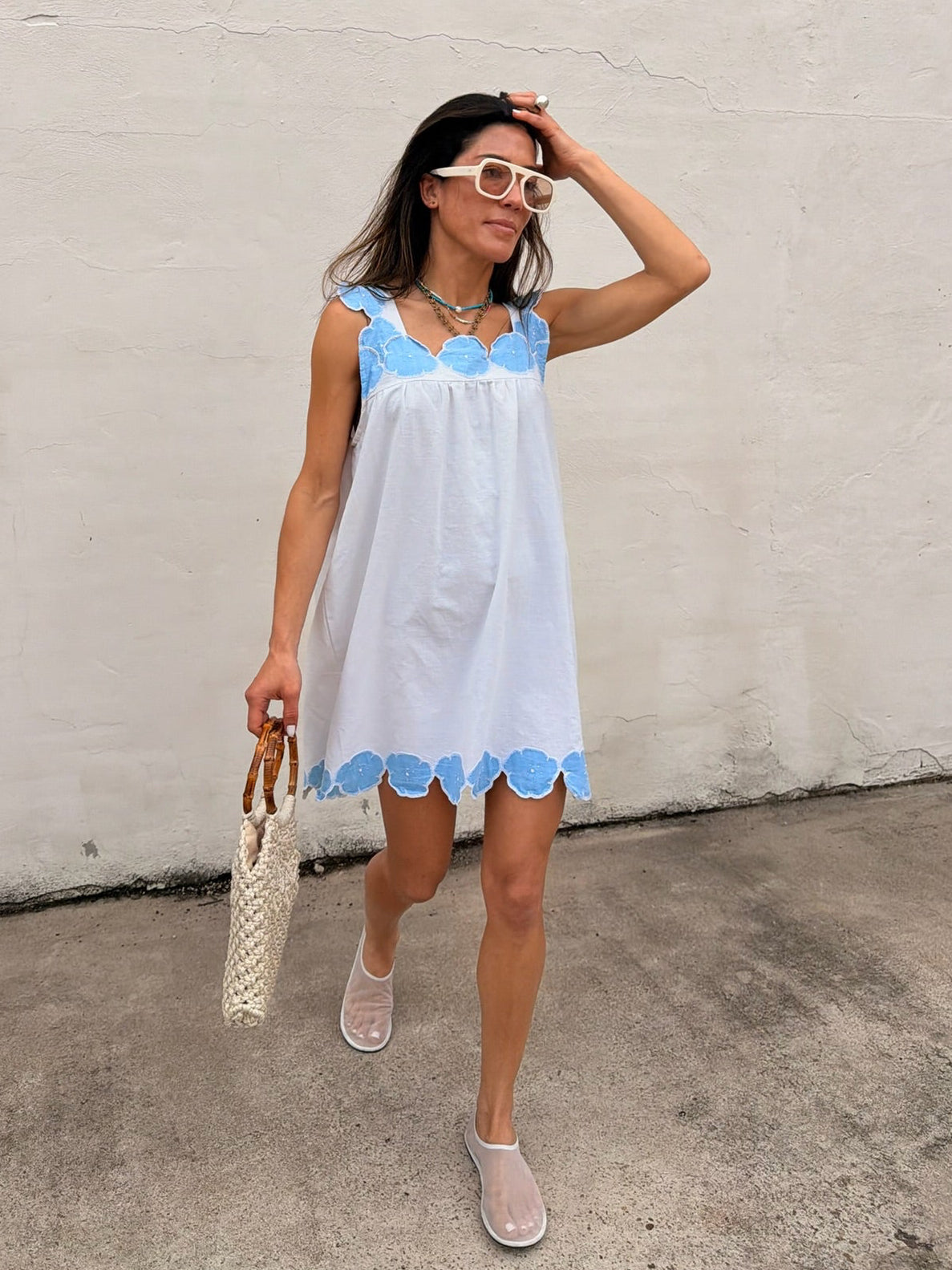Blue Flower Trim Mini Dress