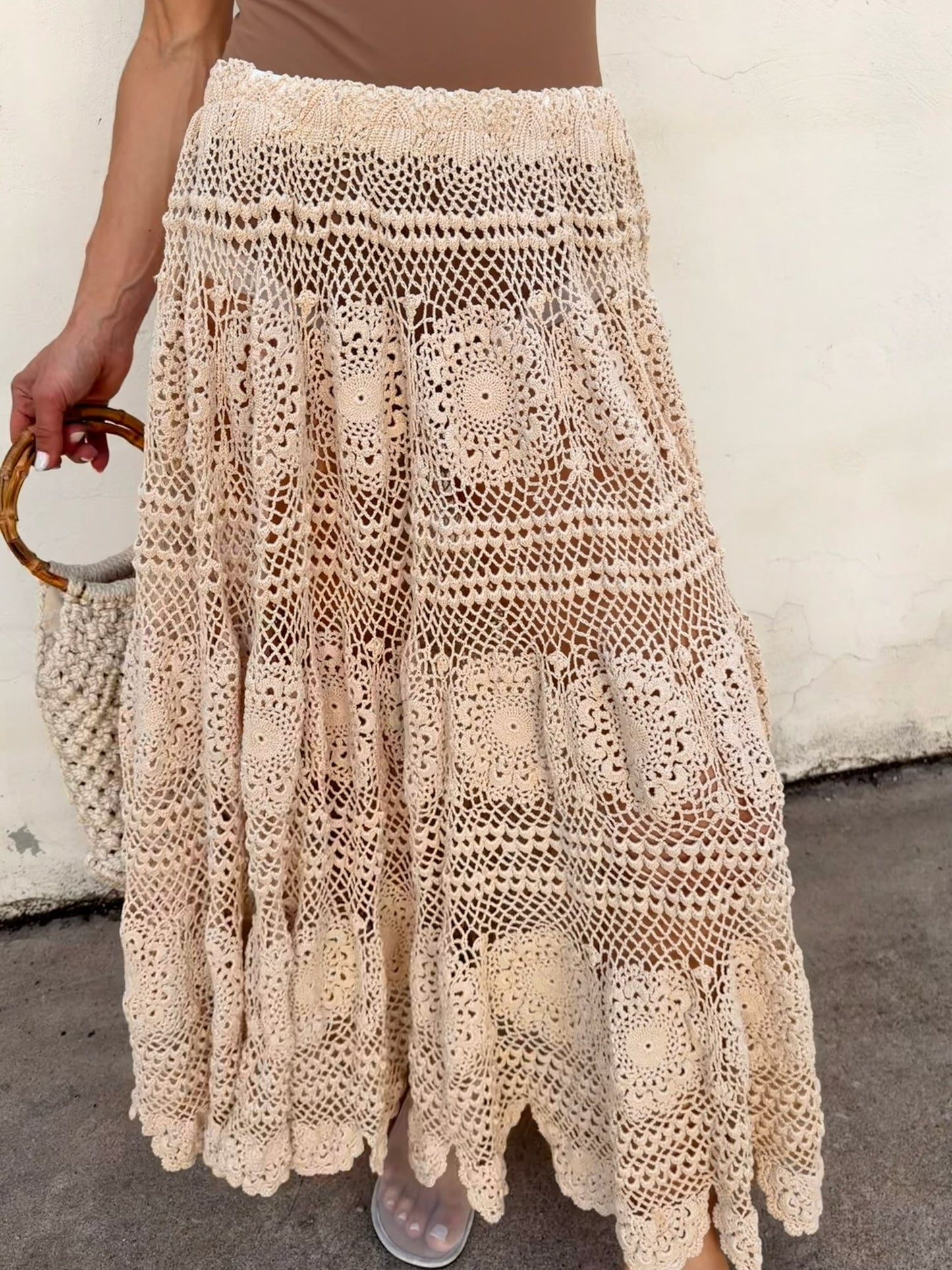 Tan Crochet Full Maxi Skirt