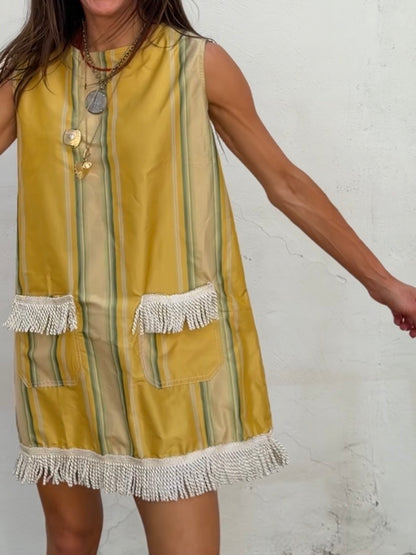 Taffeta Stripe Dress with Tassel Trim