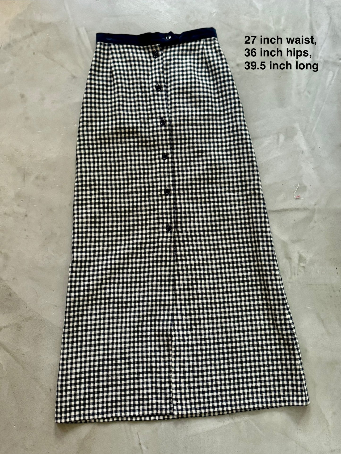 Navy Check Button Front Wool Skirt