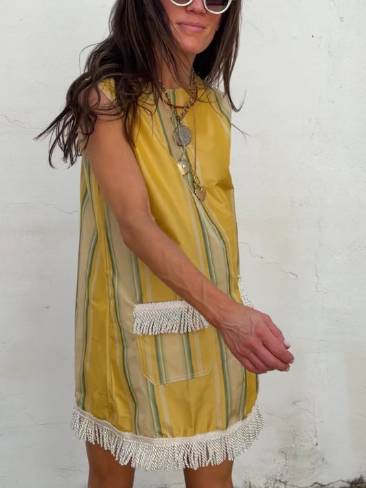 Taffeta Stripe Dress with Tassel Trim