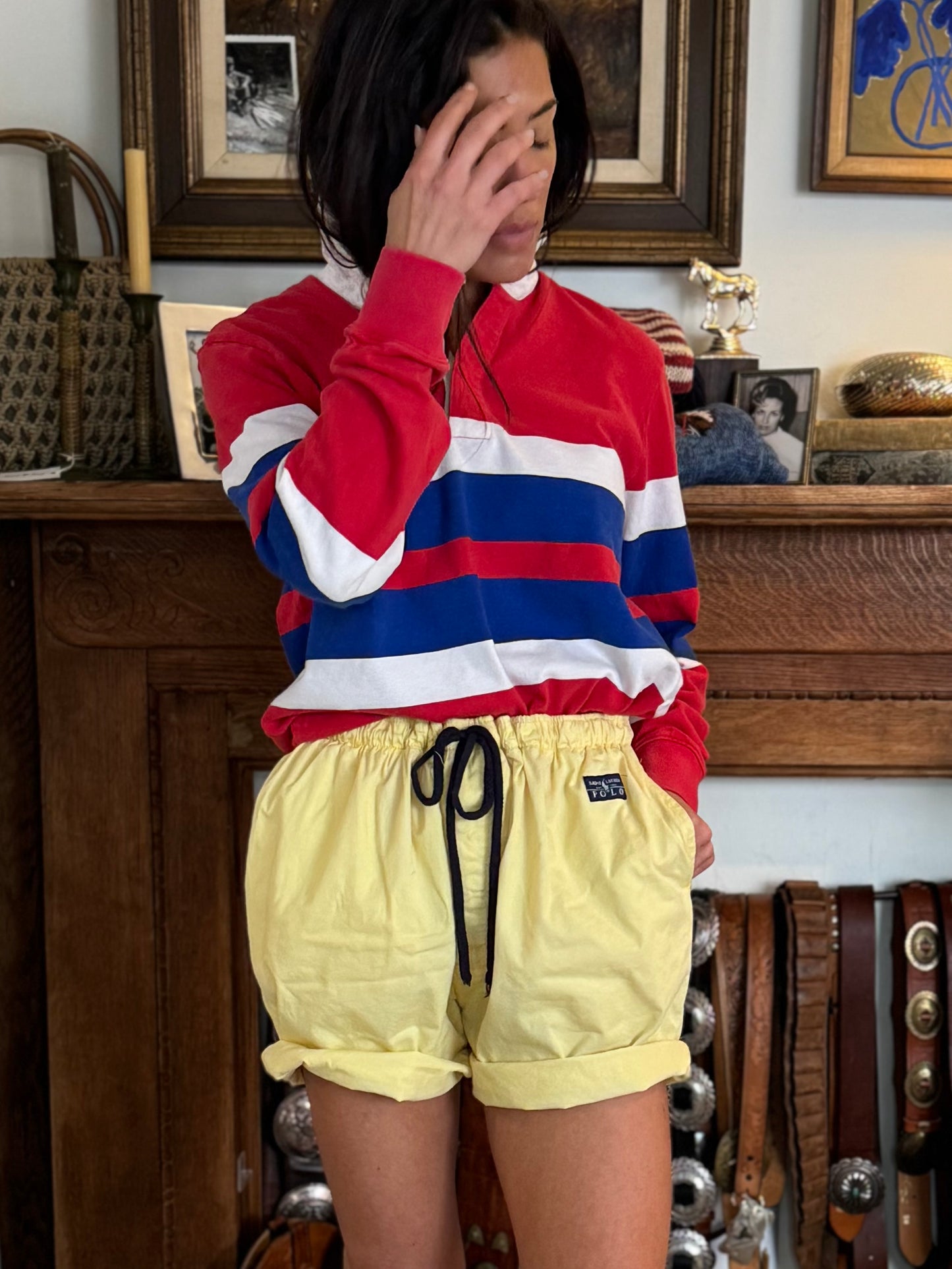 Yellow Polo Drawstring Shorts 90s Cotton