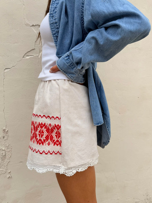 Red Embroidered Linen Mini w/ Lace Trim