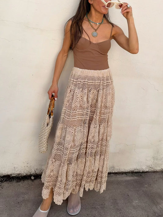 Tan Crochet Full Maxi Skirt