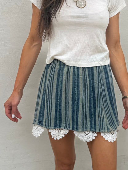 Indigo Stripe Baule Mini Skirt with Vtg Crochet Trim
