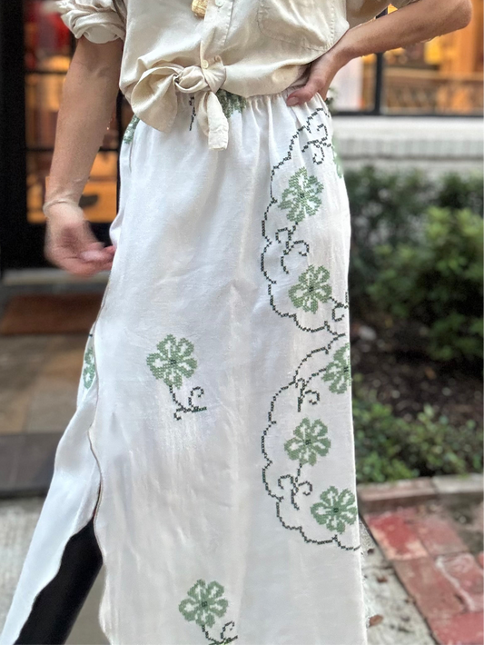 Green Floral Cross-stitched Maxi Skirt