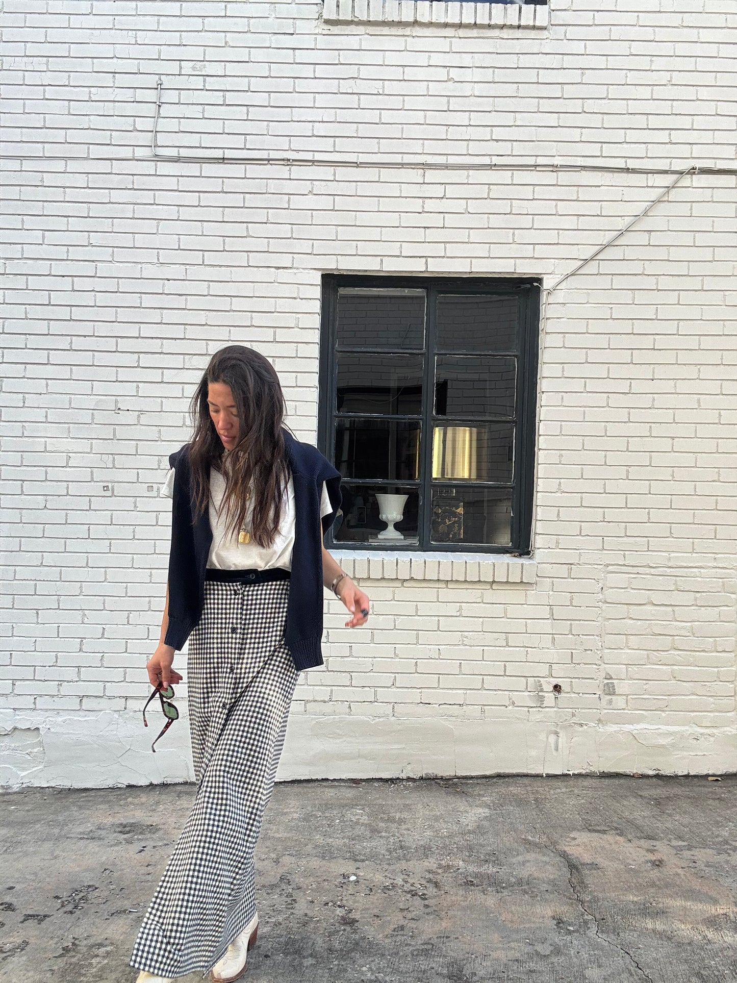 Navy Check Button Front Wool Skirt