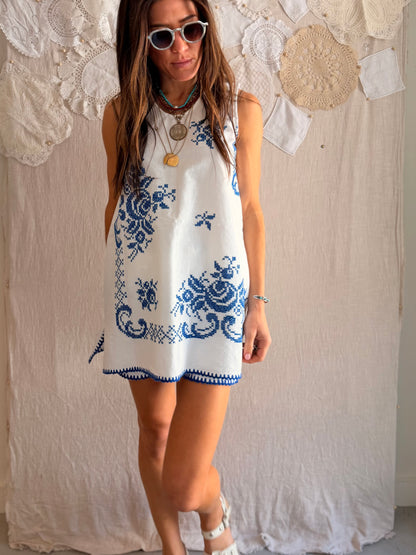 Blue European Cross-Stitched Set
