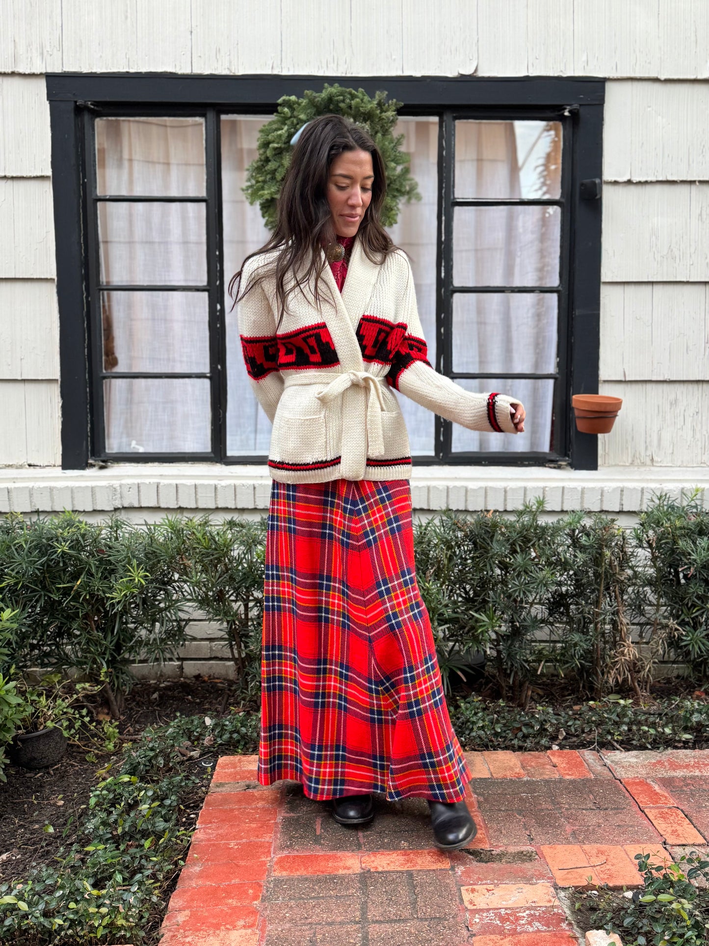 Bold Red Tartan Wool Maxi Skirt