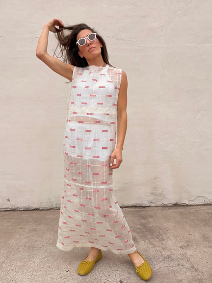 Maxi Dress Antique Organdy with Red Embroidery