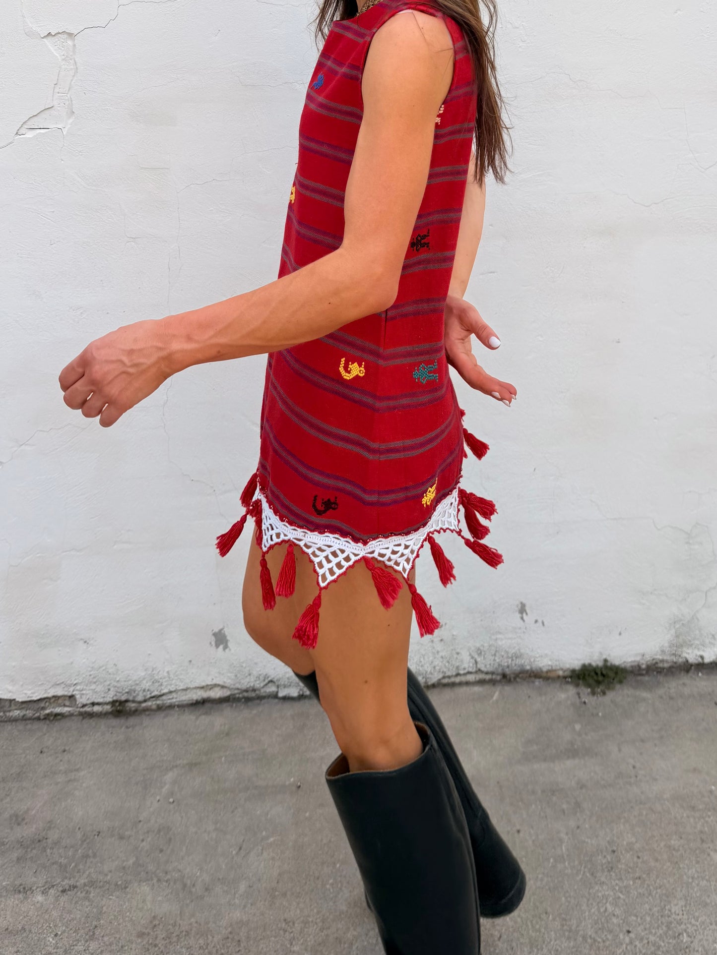 Red Guatemalan Embroidery Mini Dress with Tassel Trim