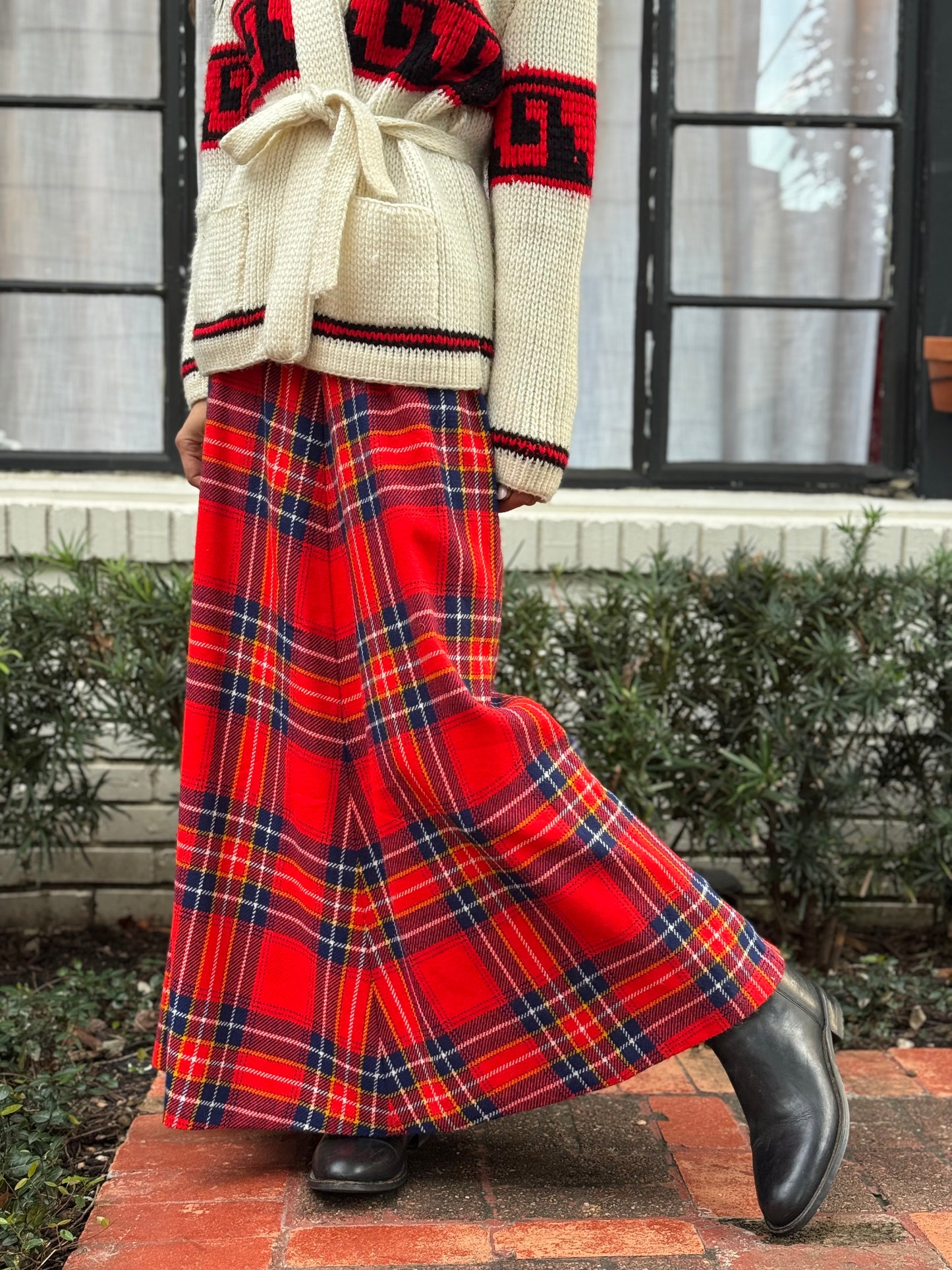 Bold Red Tartan Wool Maxi Skirt
