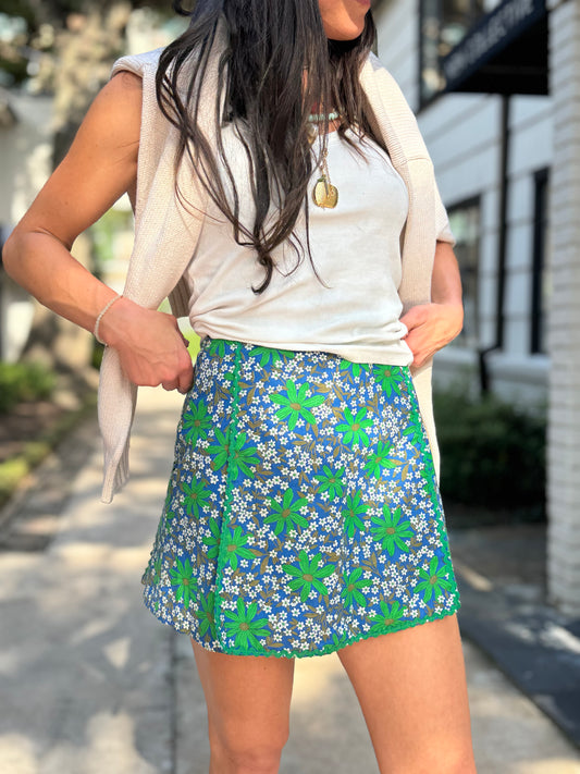 Blue Green Floral 60s Mini Skort