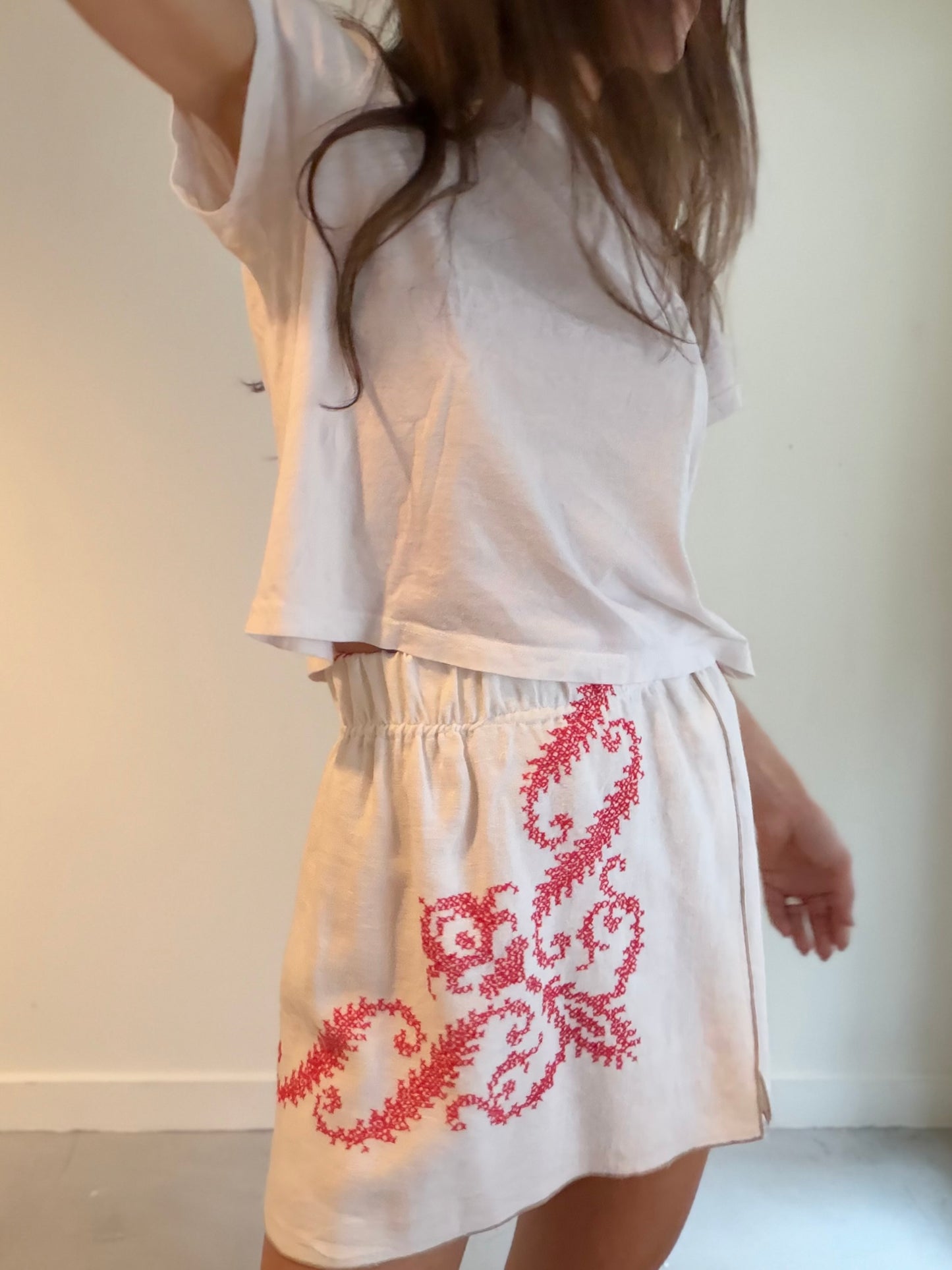 Red Embroidered Faux Wrap Mini