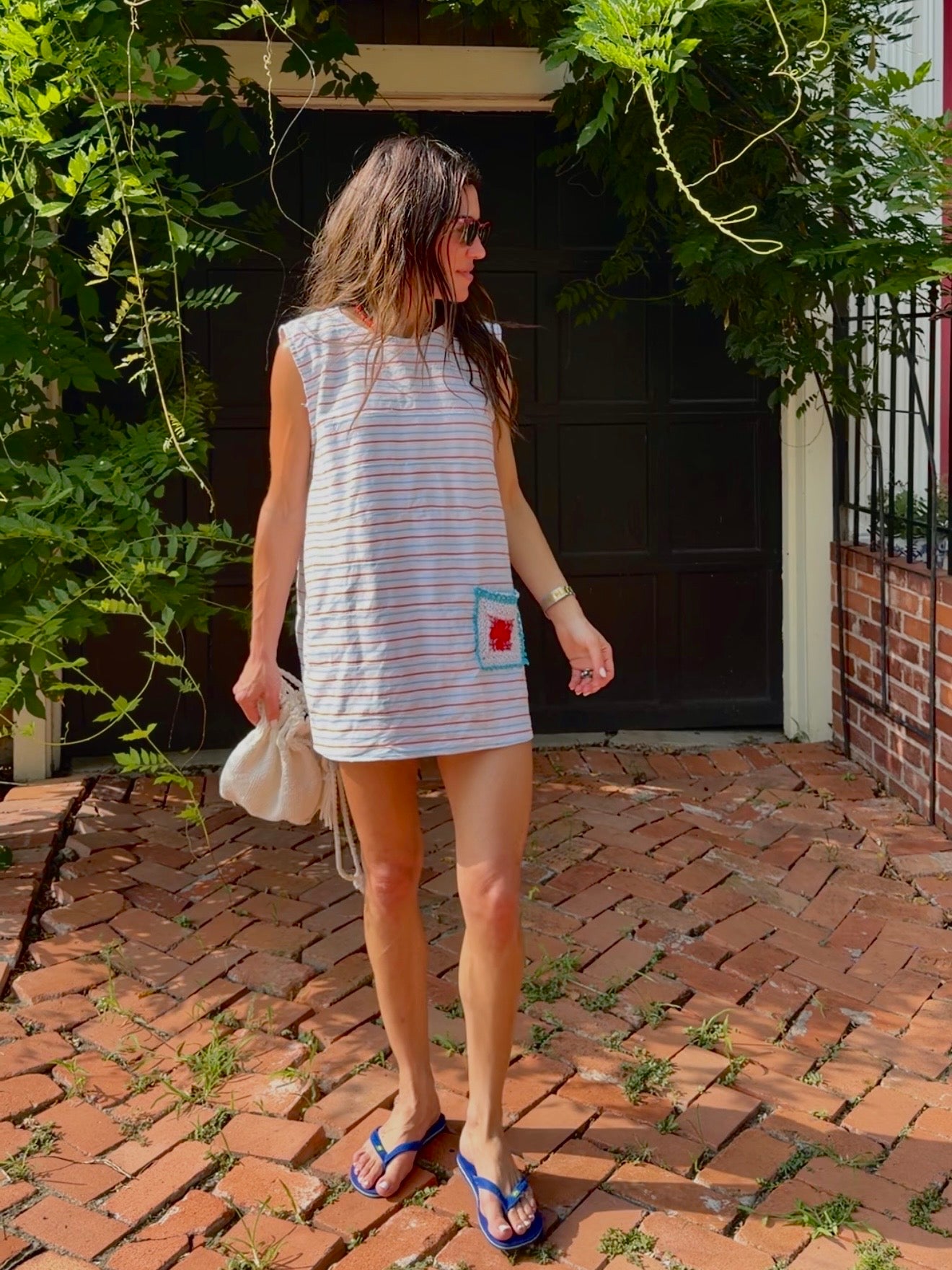 Striped Mini Dress with Crochet Pocket