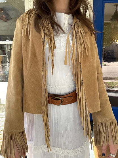 Cropped Tan Suede Fringe Jacket