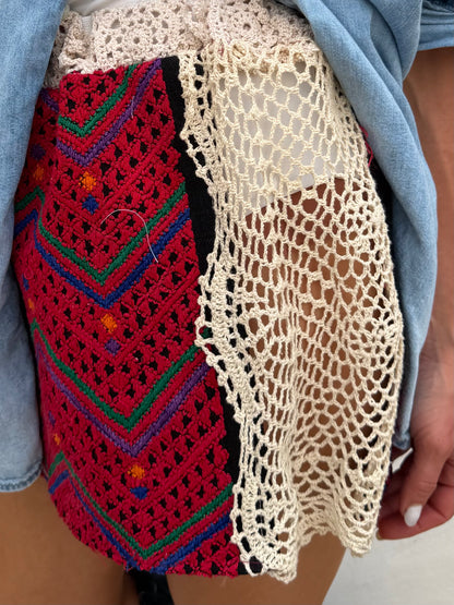 Woven Textile and Crochet Mini Skirt