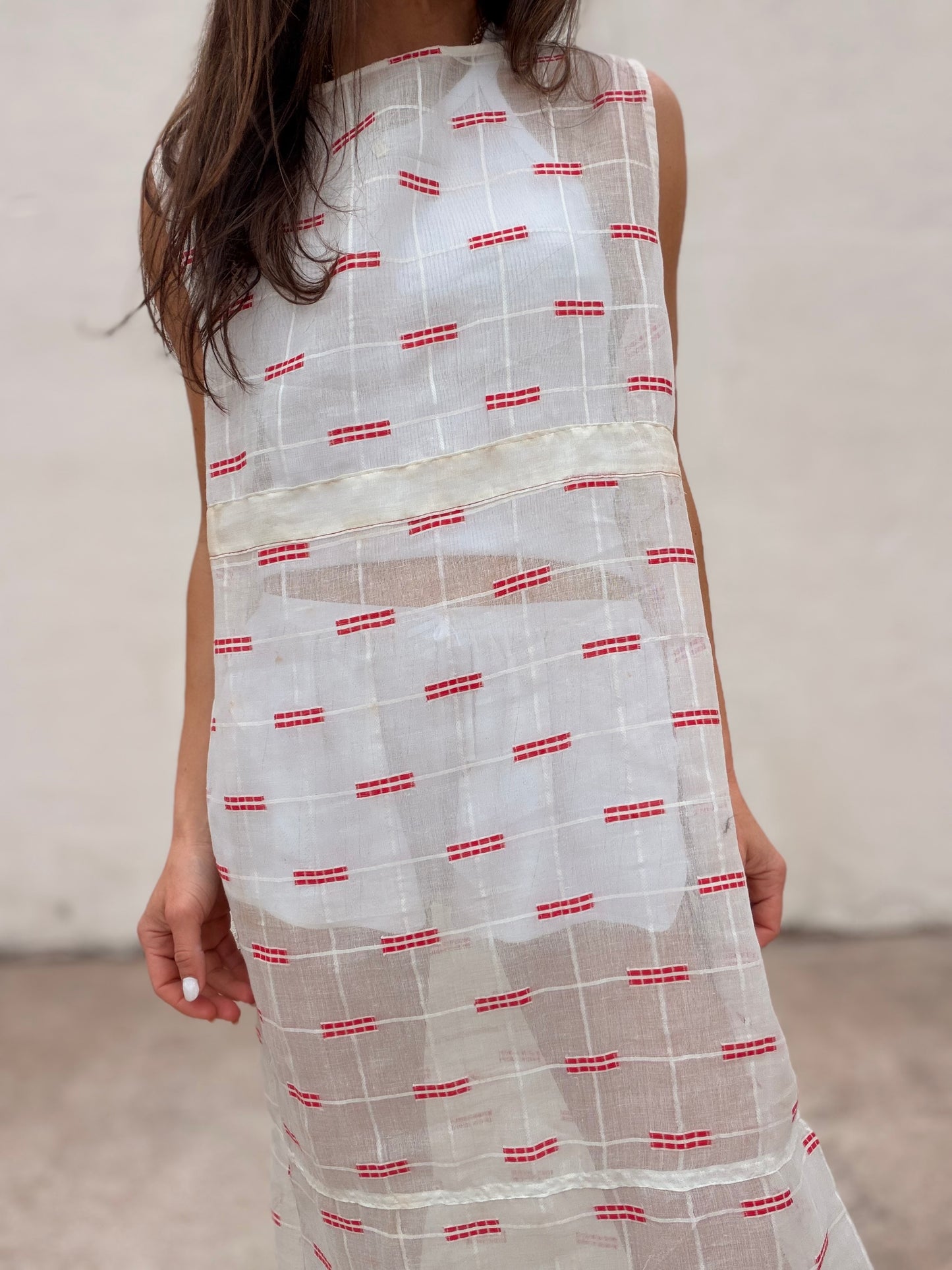 Maxi Dress Antique Organdy with Red Embroidery
