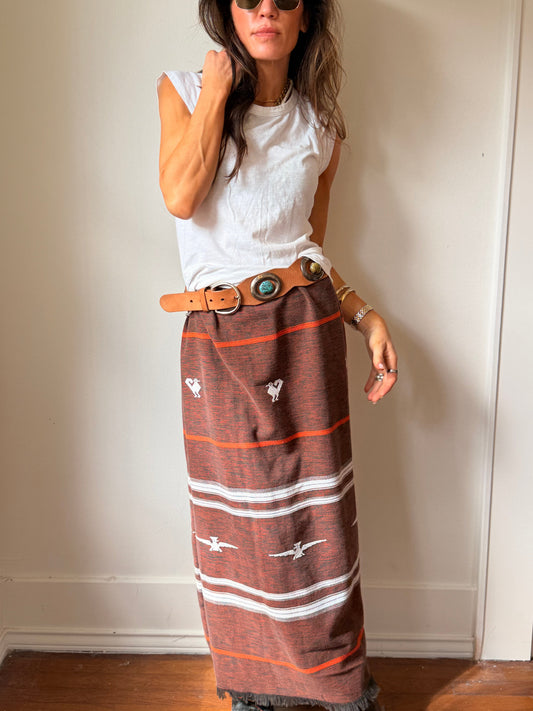 Vtg Guatemalan Tablecloth Maxi Skirt Brown