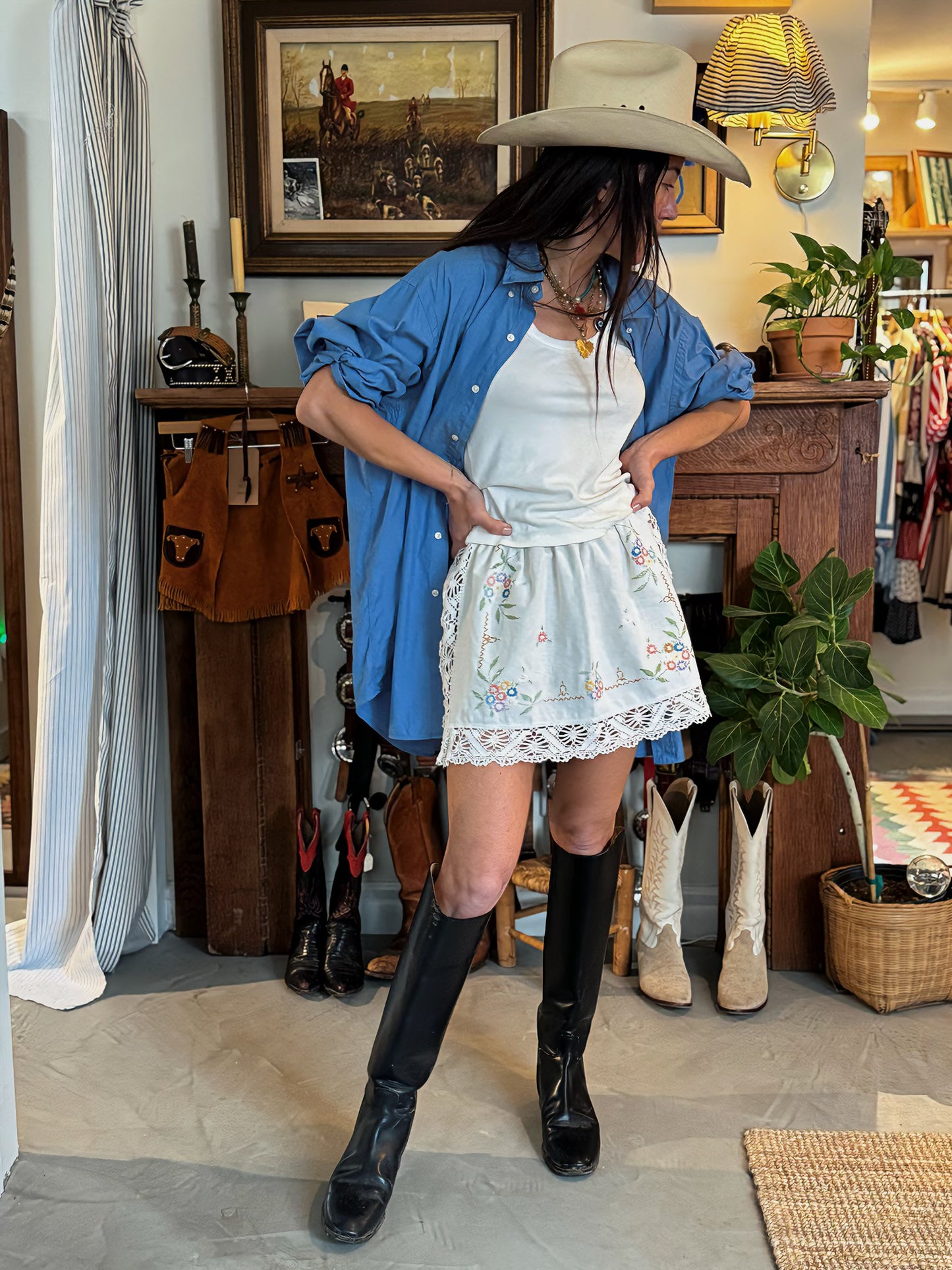 Floral Embroidered Vintage Linen and Lace Mini Skirt