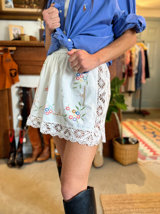 Floral Embroidered Vintage Linen and Lace Mini Skirt