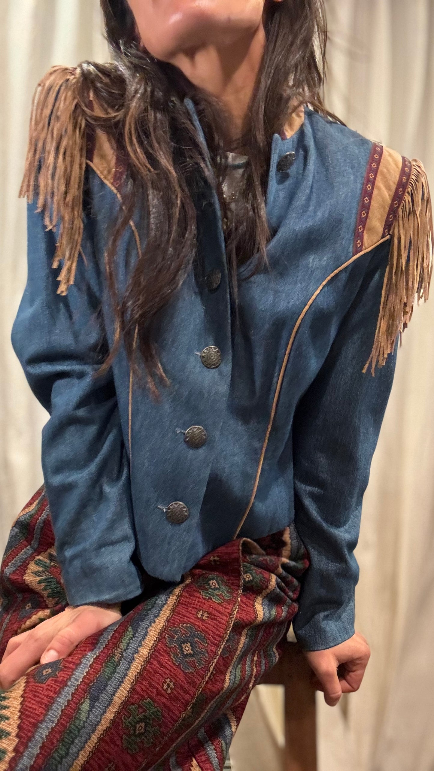 Denim Fringe Military Crop Jacket