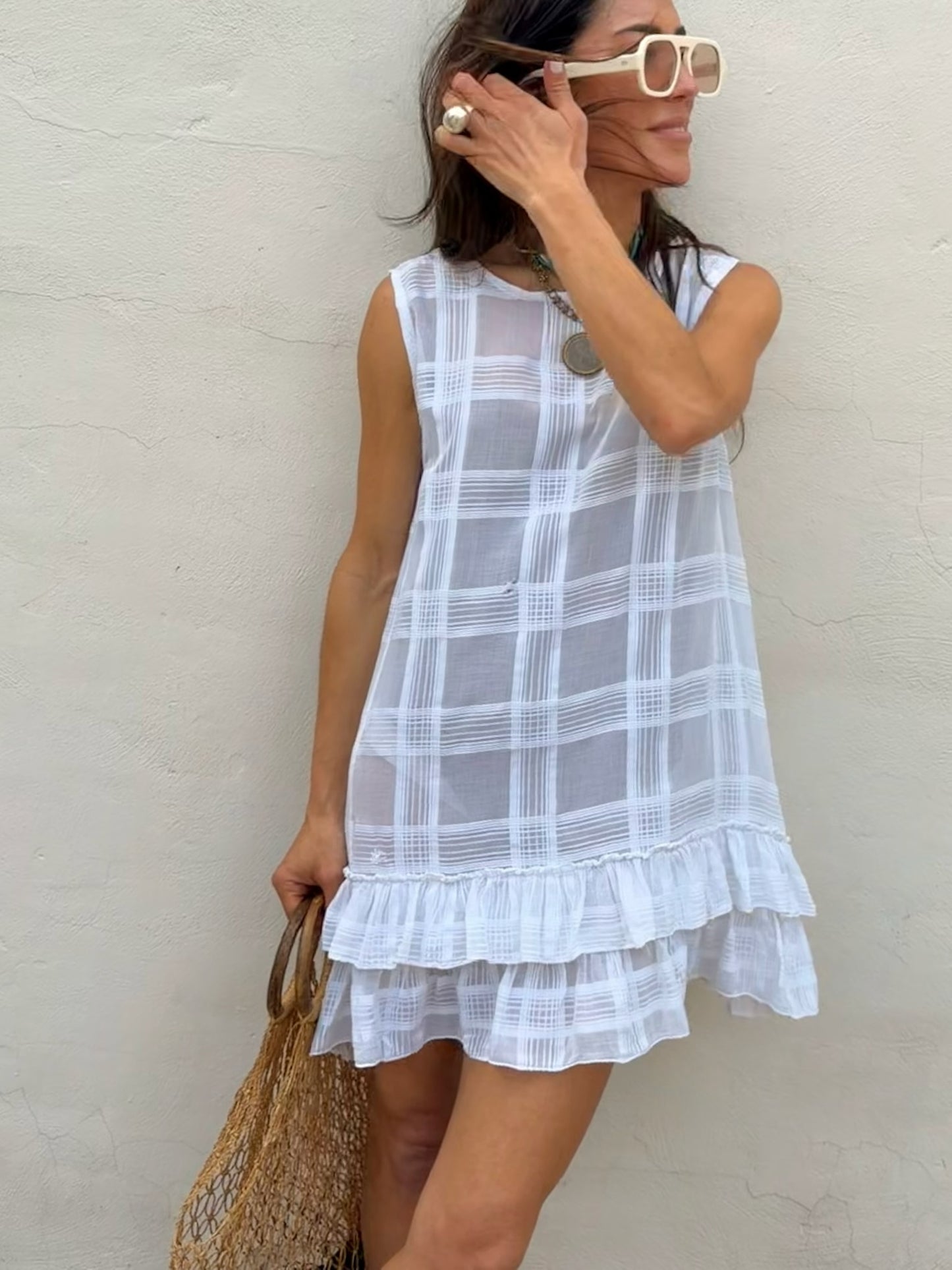 Sheer Check Ruffle Mini Dress