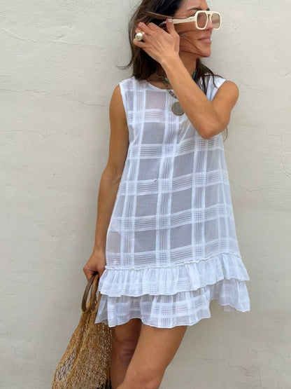 Sheer Check Ruffle Mini Dress