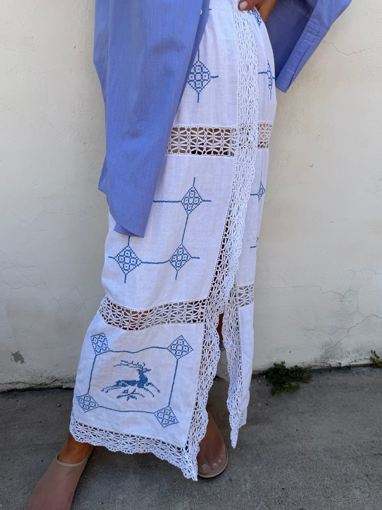 White Scandi Maxi Skirt w/ Blue Embroidery