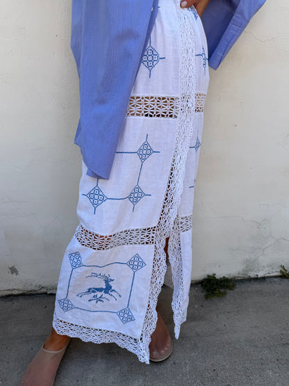 White Scandi Maxi Skirt w/ Blue Embroidery