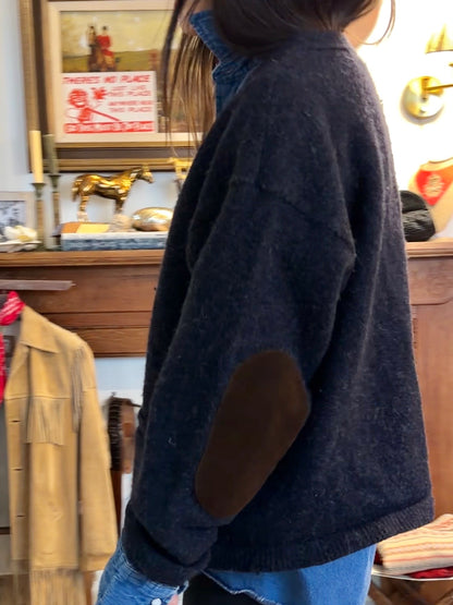 Wool Cardigan with Leather Elbow and Buttons
