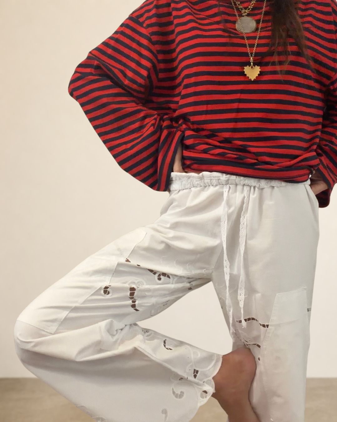 Reworked Antique Embroidered Linen Pants
