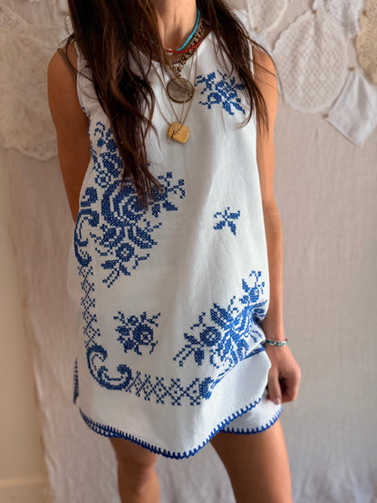 Blue European Cross-Stitched Set