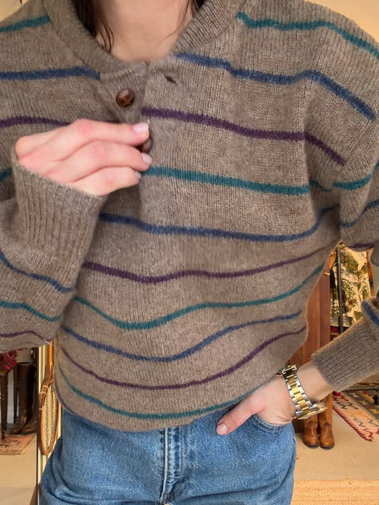 Wool Striped Sweater w/ Leather Buttons S/M
