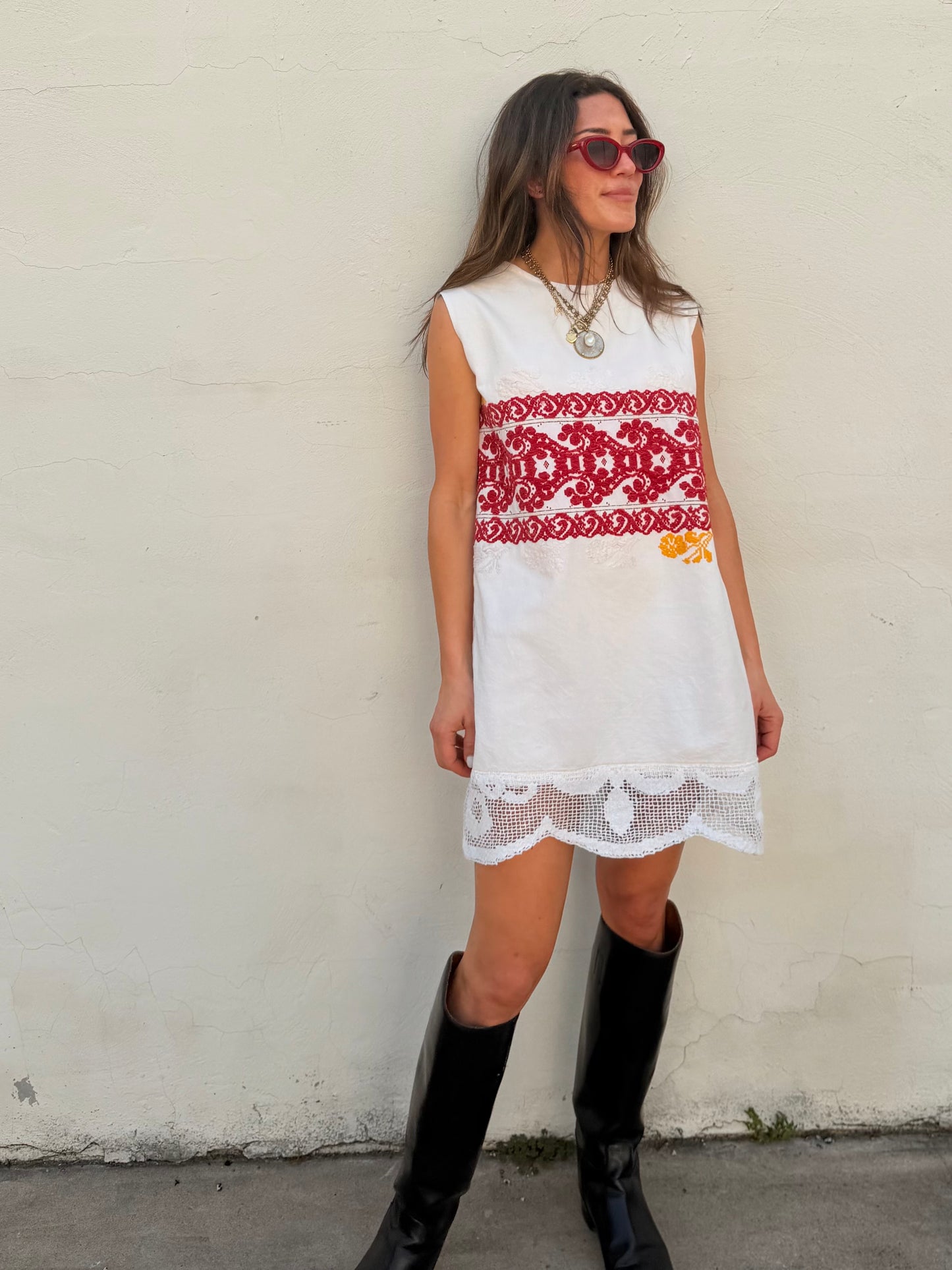 Red and Yellow Linen Embroidery Mini Dress