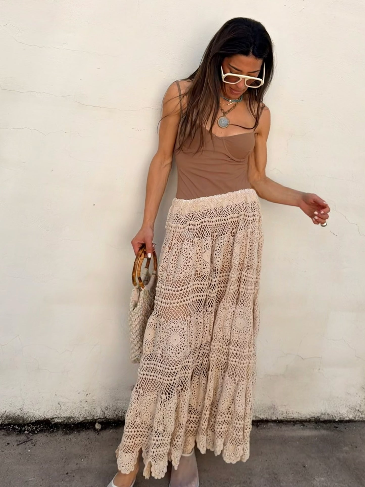 Tan Crochet Full Maxi Skirt