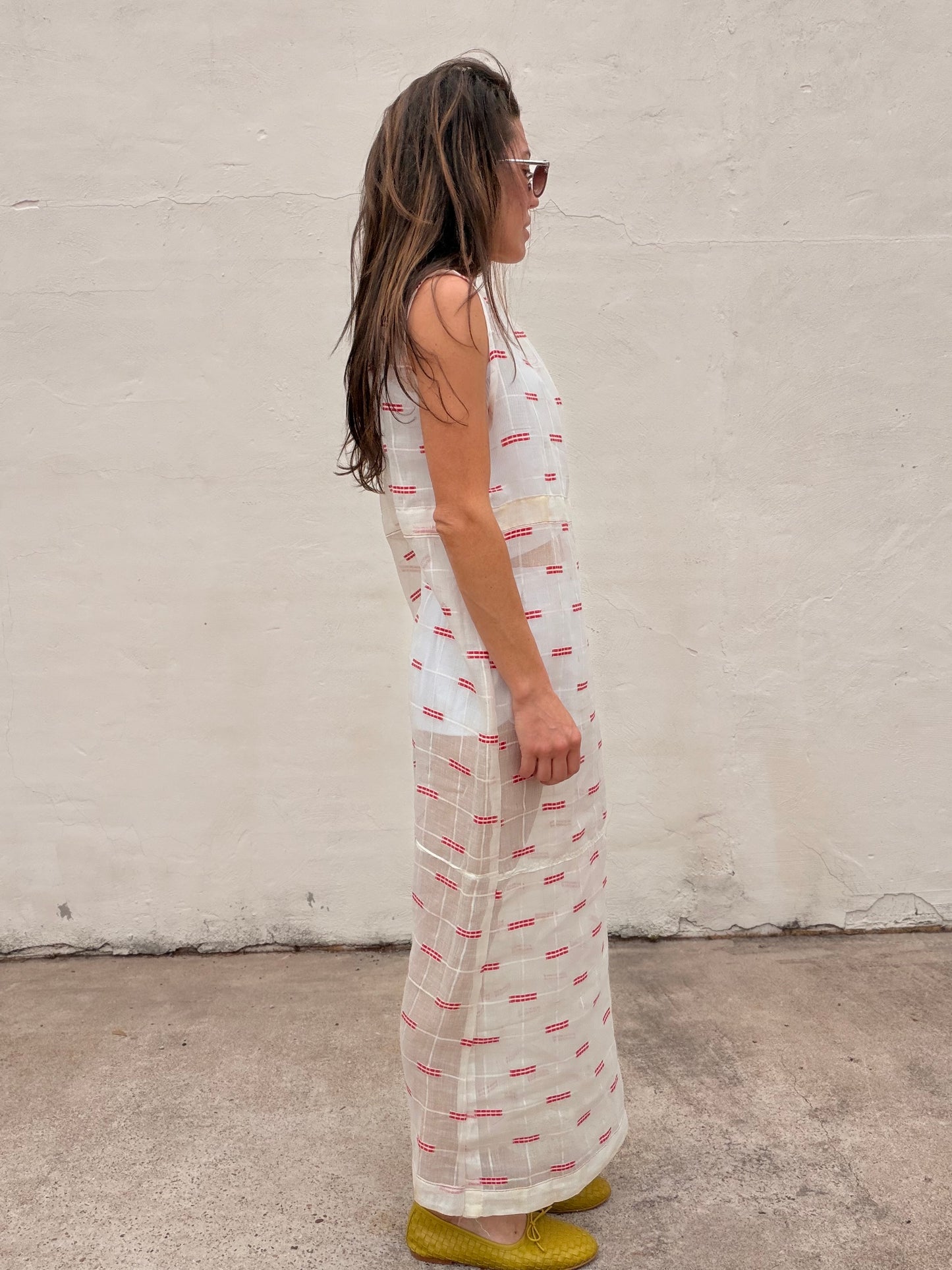 Maxi Dress Antique Organdy with Red Embroidery