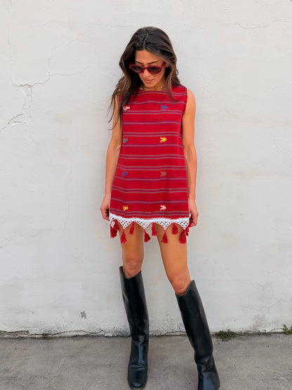 Red Guatemalan Embroidery Mini Dress with Tassel Trim