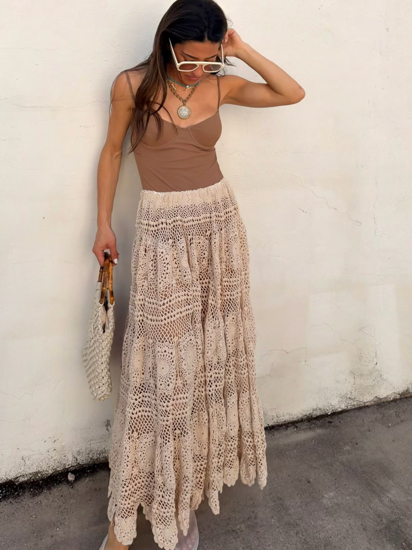 Tan Crochet Full Maxi Skirt