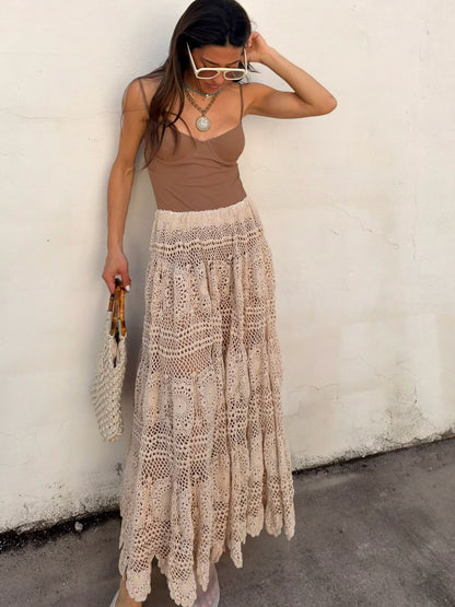 Tan Crochet Full Maxi Skirt