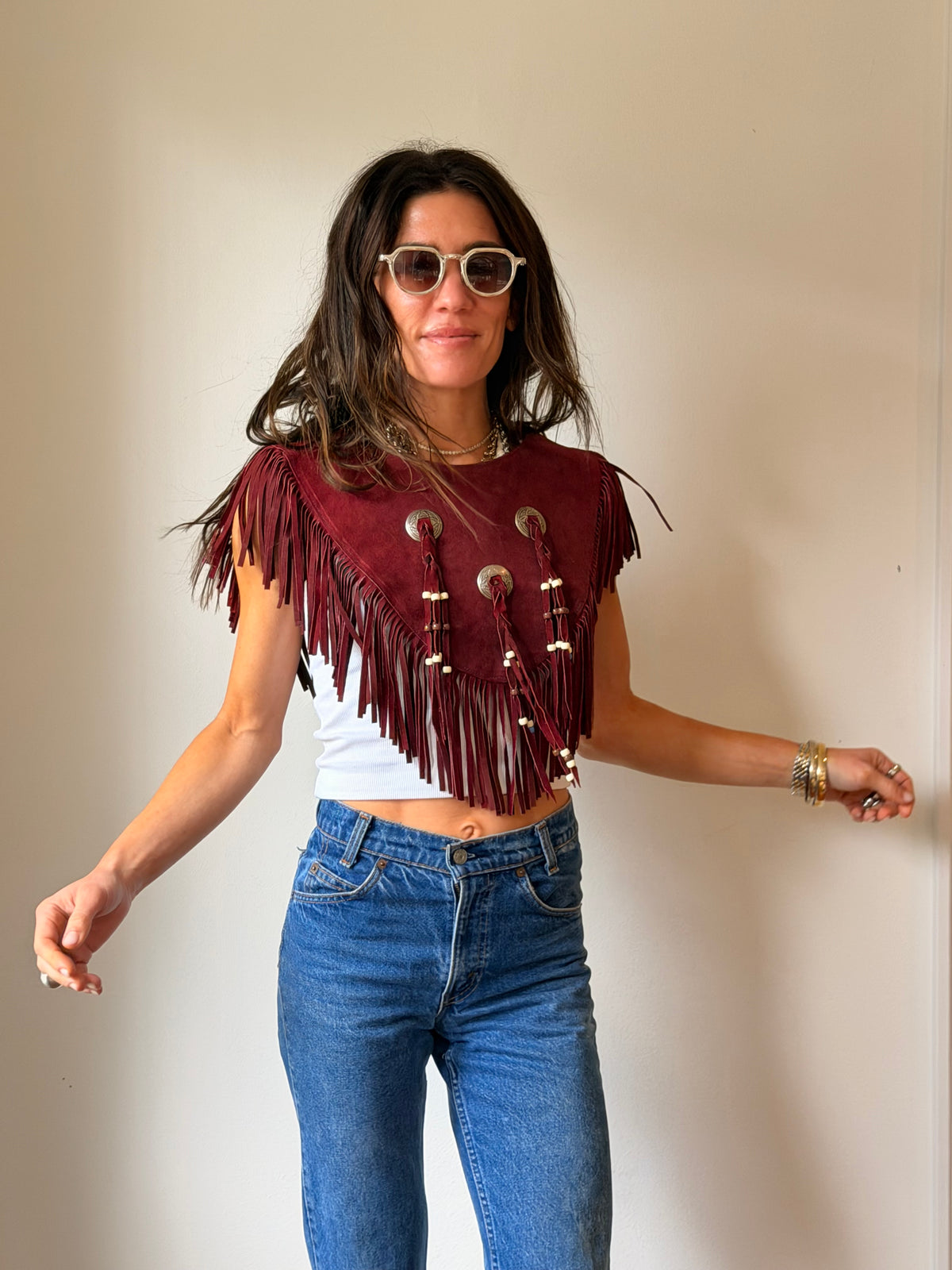 Burgundy Suede Fringe Capelet