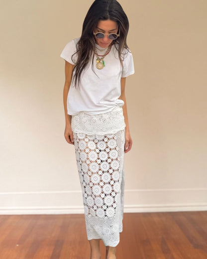 Crocheted Lace Midi Skirt with Fold Over