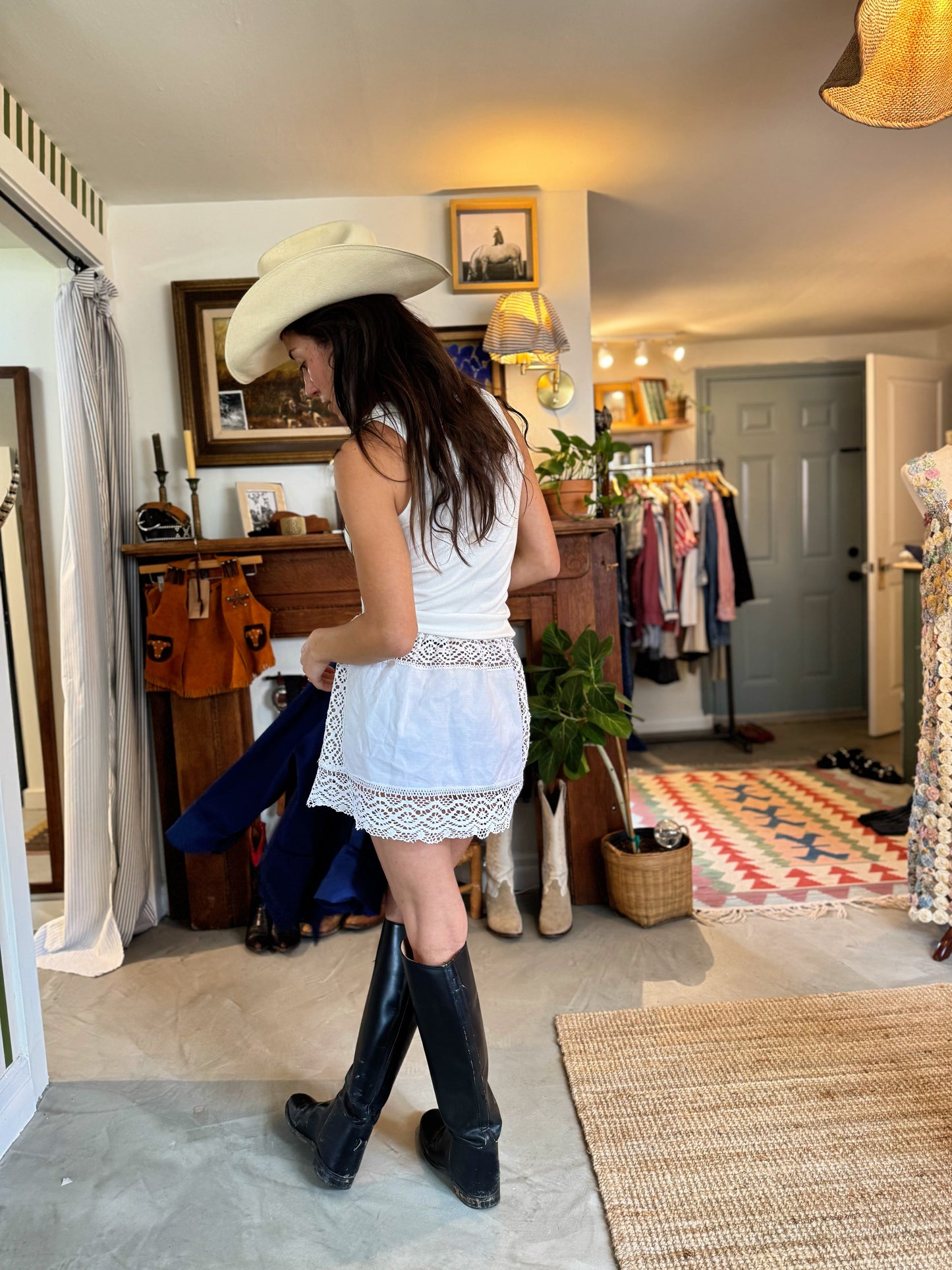 White Linen and Lace Tablecloth Mini Skirt