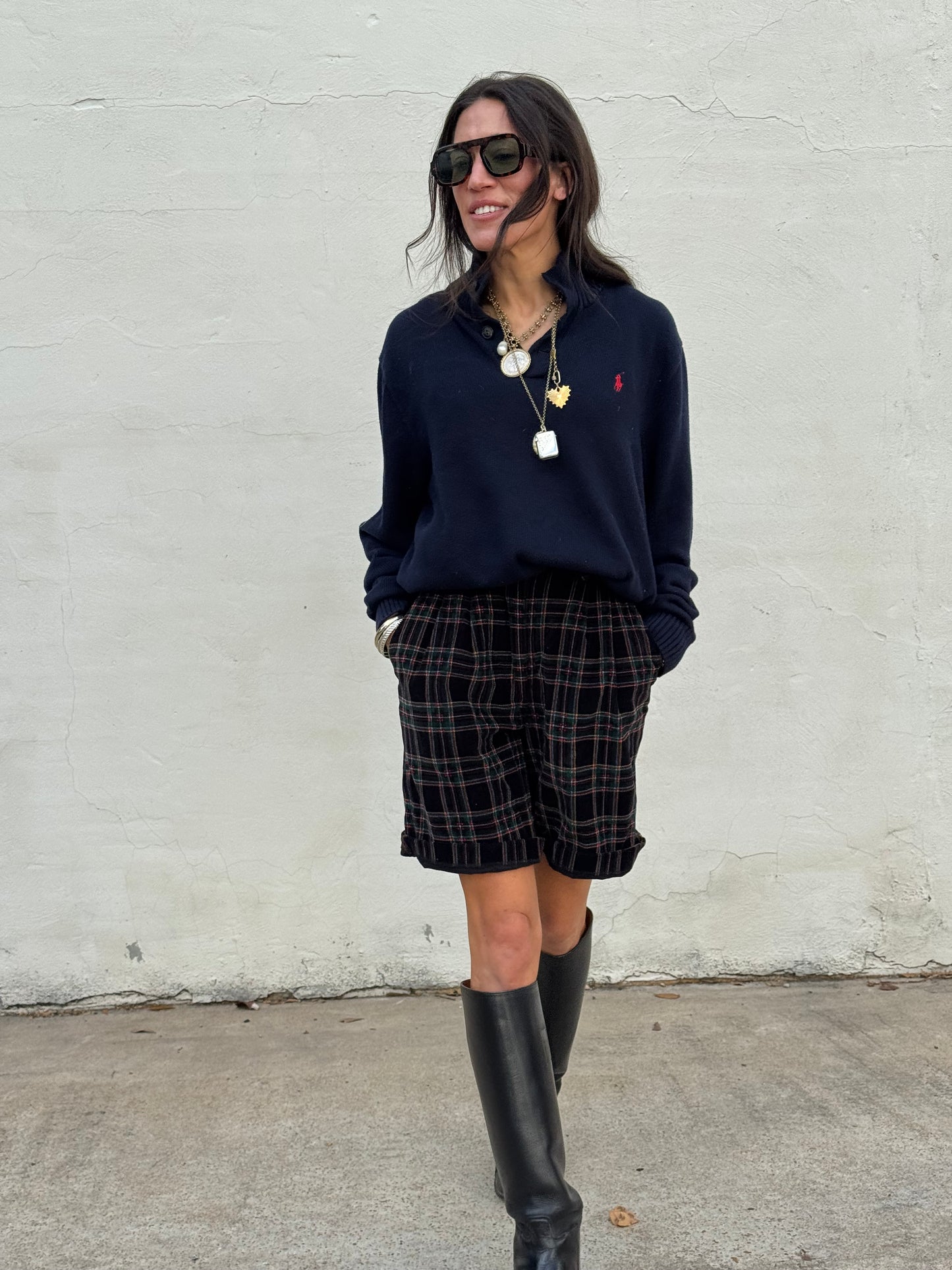 Plaid Corduroy Pleated Shorts