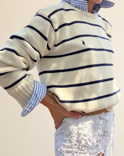 RL Cream/Navy Stripe Cotton Crew
