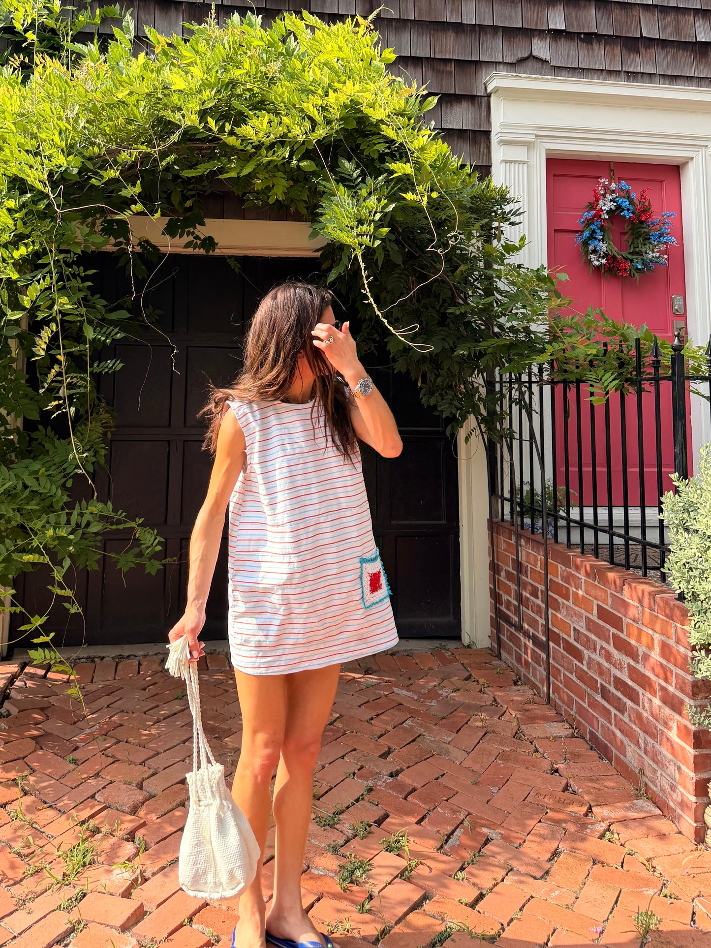 Striped Mini Dress with Crochet Pocket