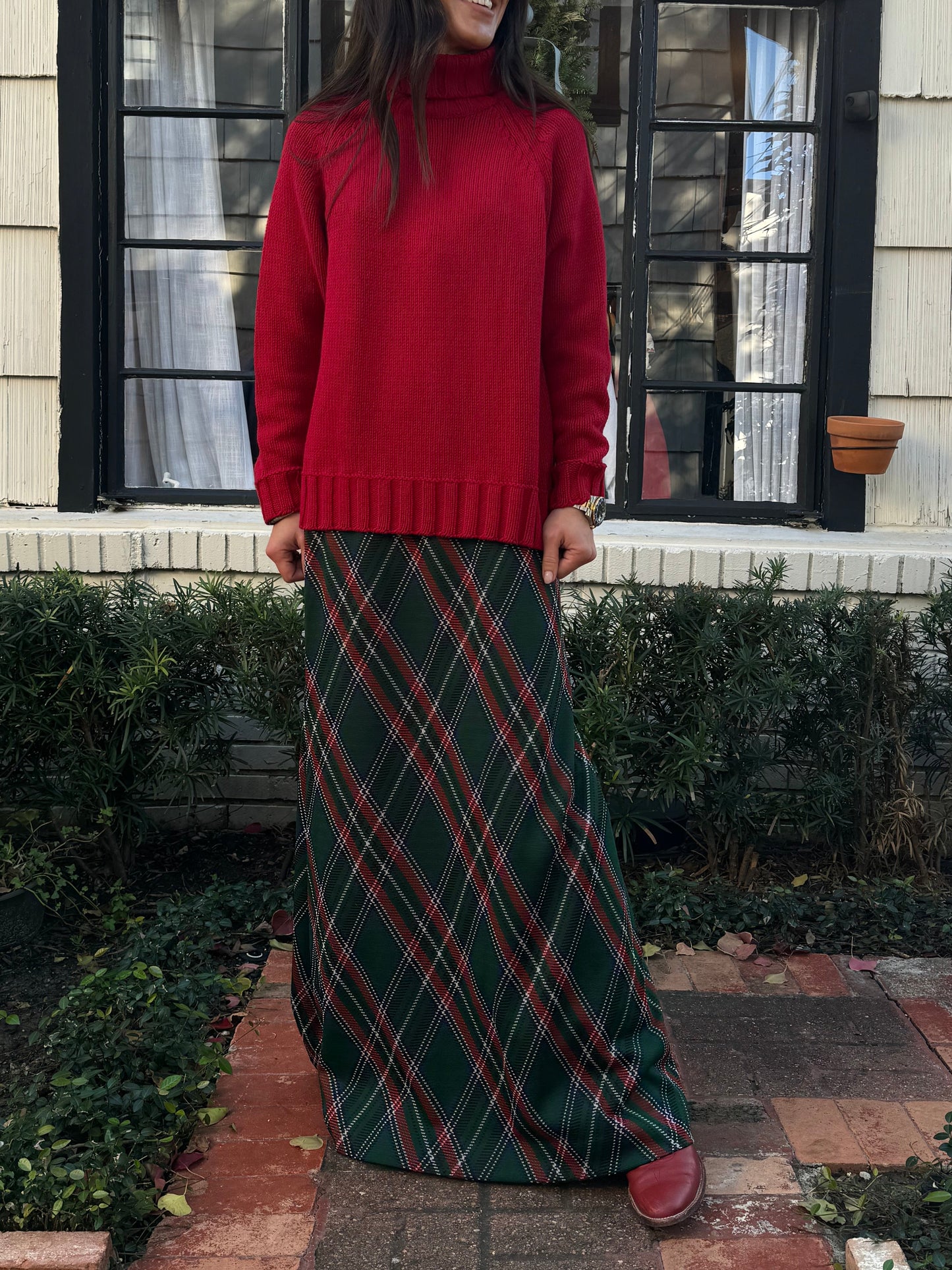 70s Green Tartan Stretch Maxi