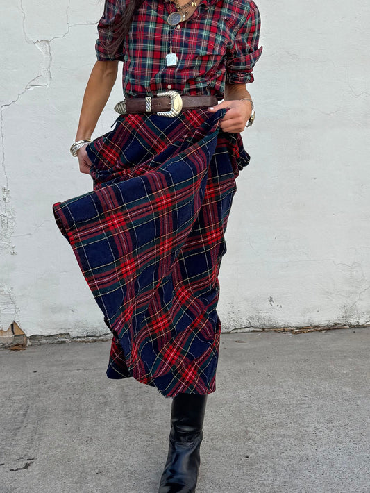 Blue and Red Wool Tartan Skirt